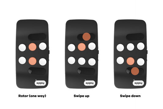 "Three black 'Hable Easy' devices display button configurations for rotor, swipe up, and swipe down gestures, with orange highlights on specific buttons against a black background with the Hable logo."