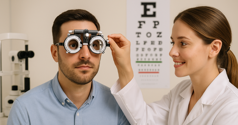 A smiling optometrist adjusts a phoropter for a male patient during an eye exam, with a Snellen chart visible in the background.
