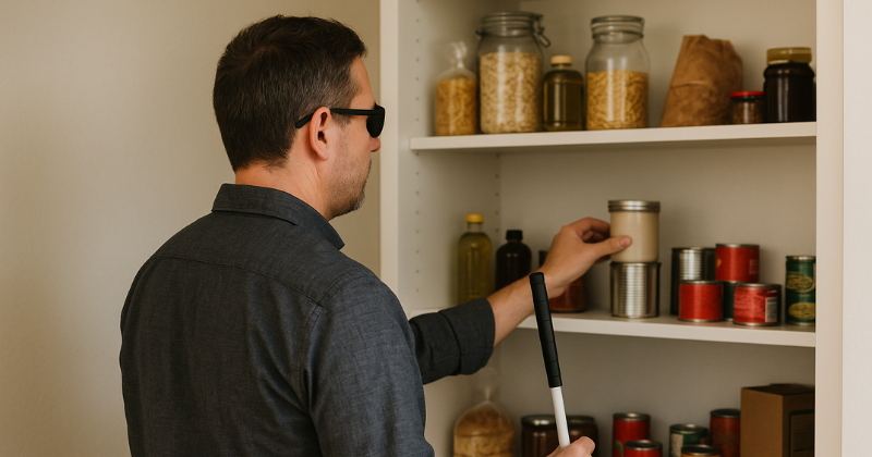 A blind man with a white cane explores labeled cans on a pantry shelf.