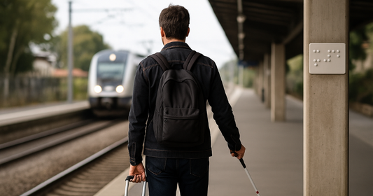 Blind traveler with a cane and suitcase waiting confidently for a train on the platform.