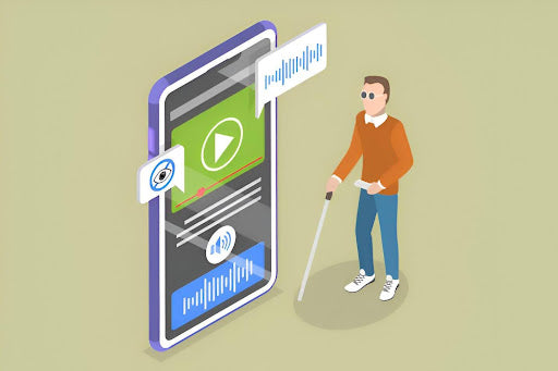 Illustration of a blind person using a smartphone with voice-enabled AI apps for blind people in 2025.