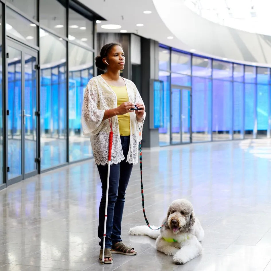 A blind woman stands indoors holding a white cane and using a small handheld device. She wears earphones and is accompanied by a guide dog lying at her feet. The background shows a modern building with glass walls and blue illuminated panels.