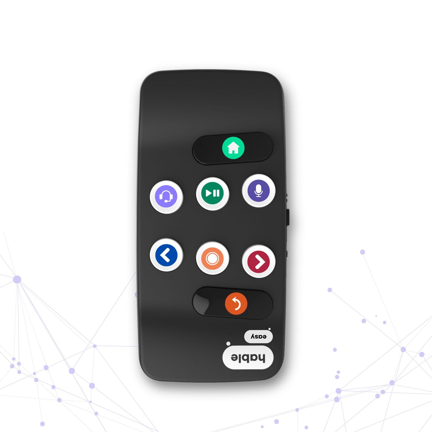 The image displays a Hable Easy, a smartphone remote controller designed for elderly and motor-impaired individuals. It features a sleek black design with large, clearly labeled buttons. The buttons are arranged in two groups: circular ones in the center and two oval-shaped buttons on top and bottom. These buttons are color-coded with icons that represent functions such as home, play/pause, microphone, and directional arrows. This accessible device aims to simplify smartphone interaction for users with VI.