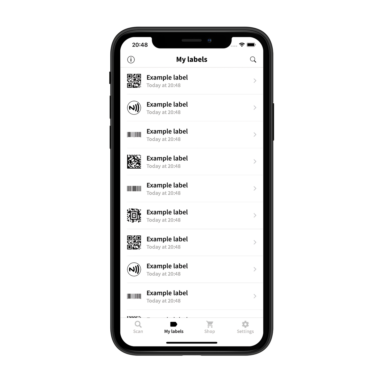 Screenshot of the SpeechLabel app on an iPhone, showing the “My labels” screen. The list contains multiple example labels with different icons—QR codes, NFC symbols, and barcodes—each labeled “Example label” with the timestamp “Today at 20:48.” The bottom navigation bar has four tabs: Scan, My labels (selected), Shop, and Settings.