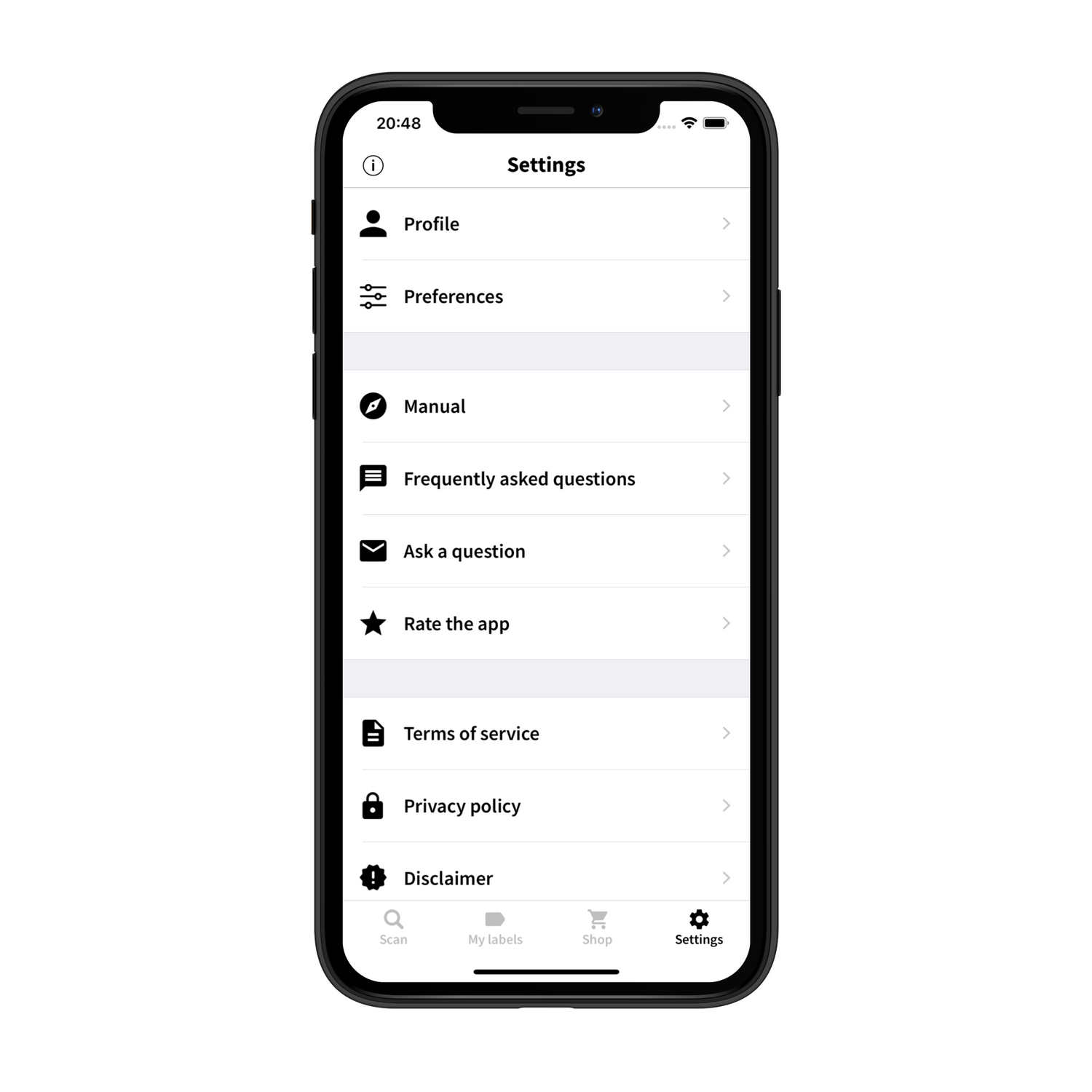 Screenshot of the SpeechLabel app on an iPhone, showing the “Settings” screen. The list includes options for Profile, Preferences, Manual, Frequently asked questions, Ask a question, Rate the app, Terms of service, Privacy policy, and Disclaimer. At the bottom, a navigation bar displays four tabs: Scan, My labels, Shop, and Settings (selected).