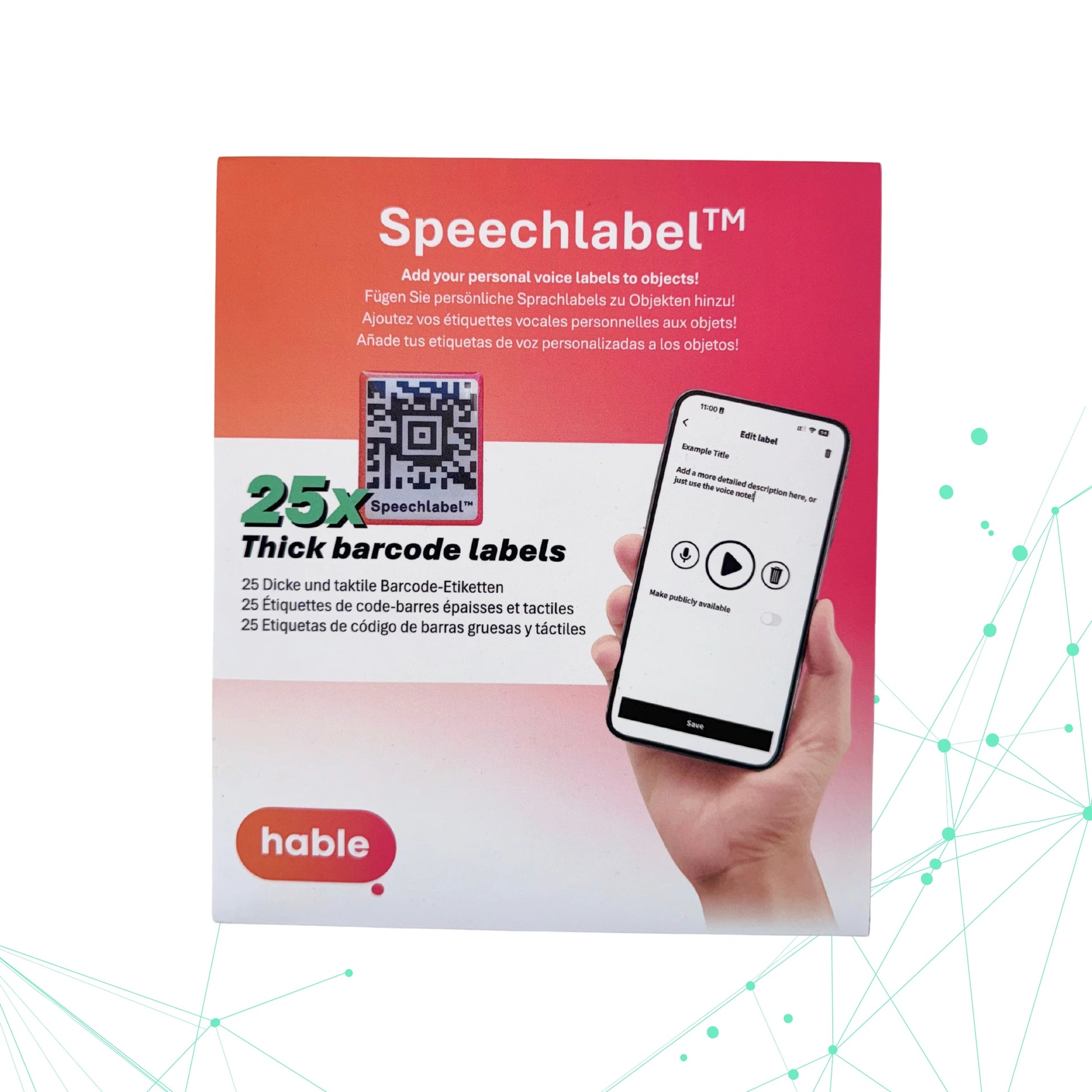 The product packaging for Speechlabel™ by hable, designed to add voice labels to objects. The packaging features an orange and white gradient and advertises "25x Thick barcode labels," which has a QR code on it. A central image displays a hand holding a smartphone with the Speechlabel app open, demonstrating how to record a personalized audio description for a tag. The packaging's main tagline reads, "Add your personal voice labels to objects!" The hable logo is in the bottom left corner