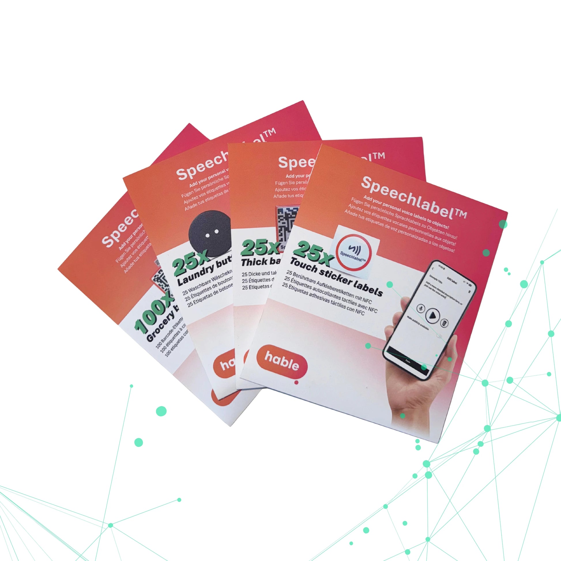 The image showcases the Speechlabel™ product line by hable. Four different product packages are fanned out against a white background, displaying the variety of available audio tags. Visible packages include "25x Touch sticker labels," "25x Thick sticker labels," "25x Laundry button labels," and "100x Grocery barcode labels." The image emphasizes that there are different NFC and barcode solutions for adding personal voice labels to all kinds of objects, all using the smartphone app shown on the packaging.