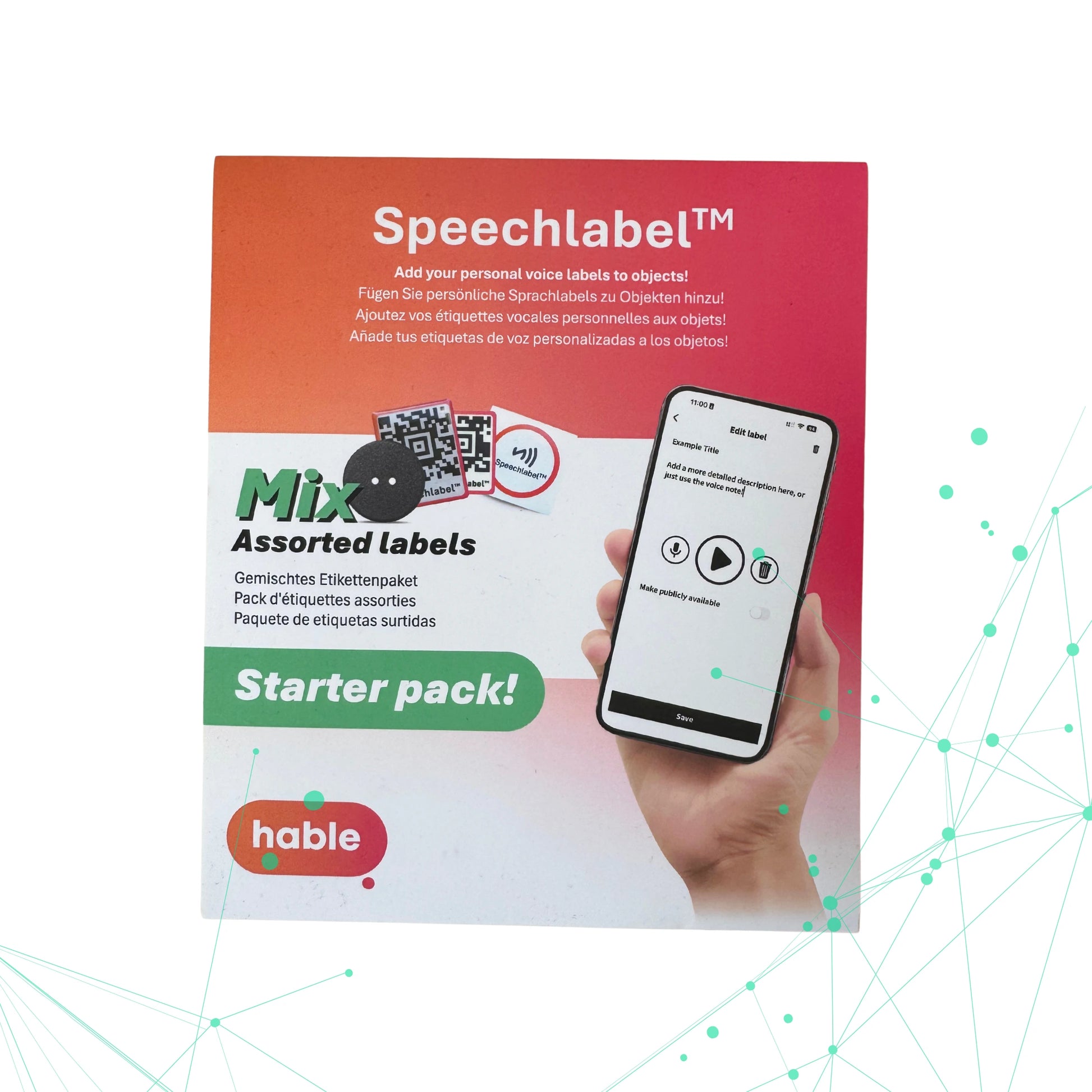 The product packaging for the Speechlabel™ Starter pack by hable, advertising a "Mix Assorted labels" kit. The packaging features an orange and white gradient and showcases the variety of audio tags included: a black sew-on Laundry button, square barcode stickers, and a circular NFC Touch sticker. A central image displays a hand holding a smartphone with the Speechlabel app open, demonstrating how to record a personalized audio description for a tag. The hable logo is in the bottom left corner.