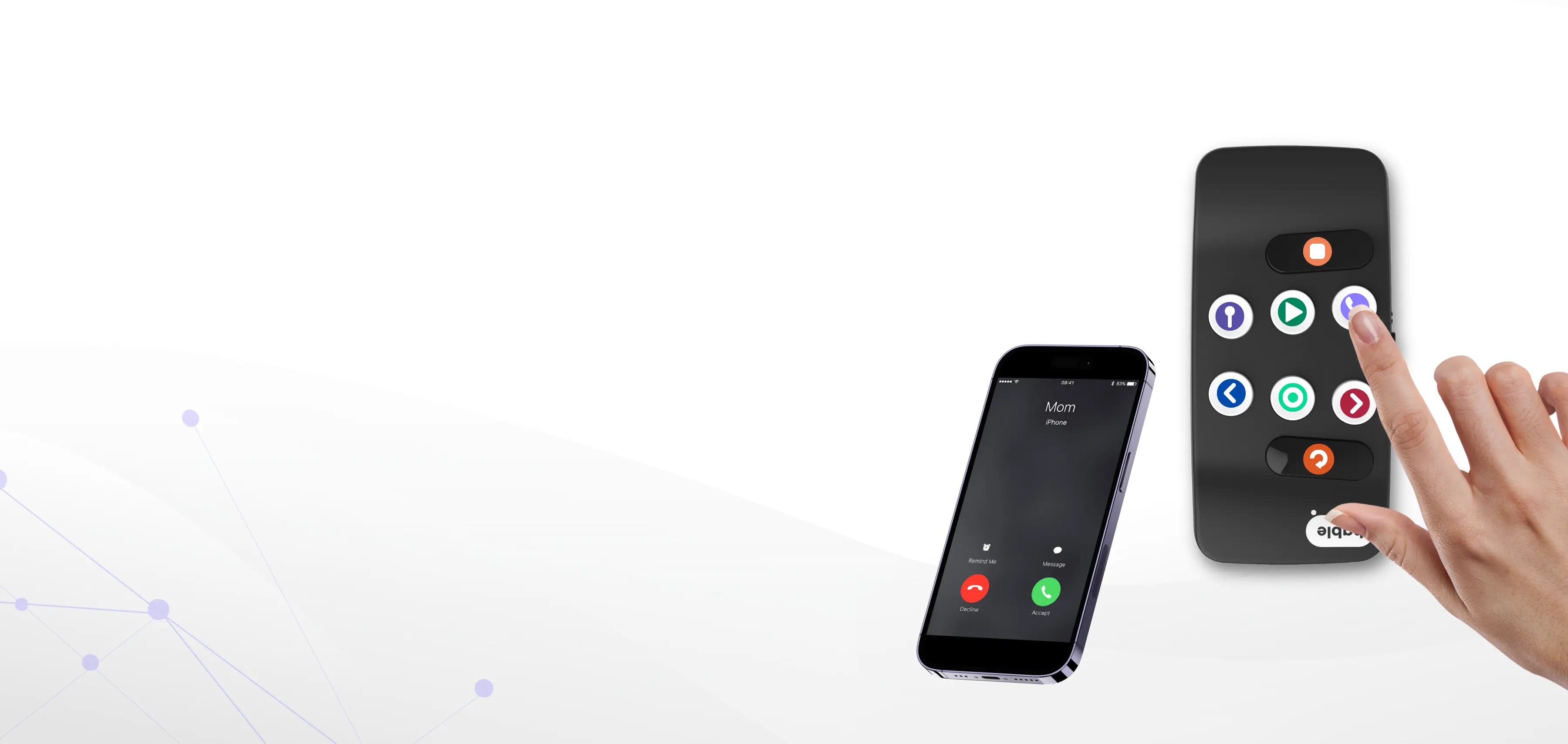 A hand presses a button on the Hable Easy, a simple remote-like device designed for blind seniors and people with motor impairments. The device features large, tactile buttons with clear symbols. Beside it, a smartphone displays an incoming call from “Mom,” illustrating how Hable Easy can be used to manage phone calls independently.
