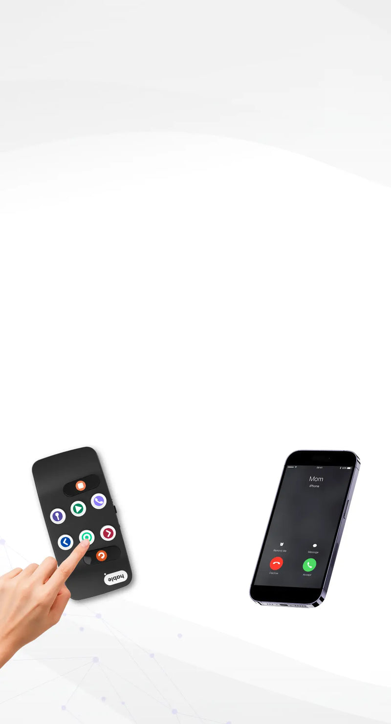 A hand presses a button on the Hable Easy, a simple remote-like device designed for blind seniors and people with motor impairments. The device features large, tactile buttons with clear symbols. Beside it, a smartphone displays an incoming call from “Mom,” illustrating how Hable Easy can be used to manage phone calls independently.