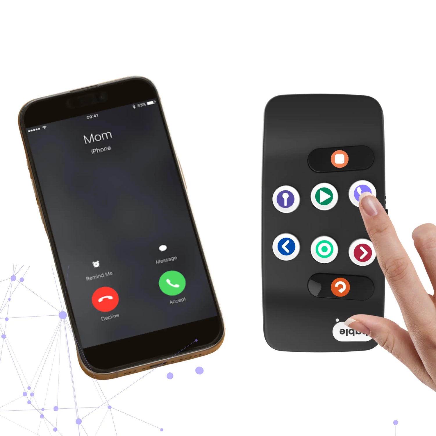 A smartphone showing an incoming call from “Mom” is placed next to a black Hable Easy device. A person’s finger is pressing a button on the Hable device to answer the call, demonstrating how it allows blind and visually impaired users to control their phones easily.