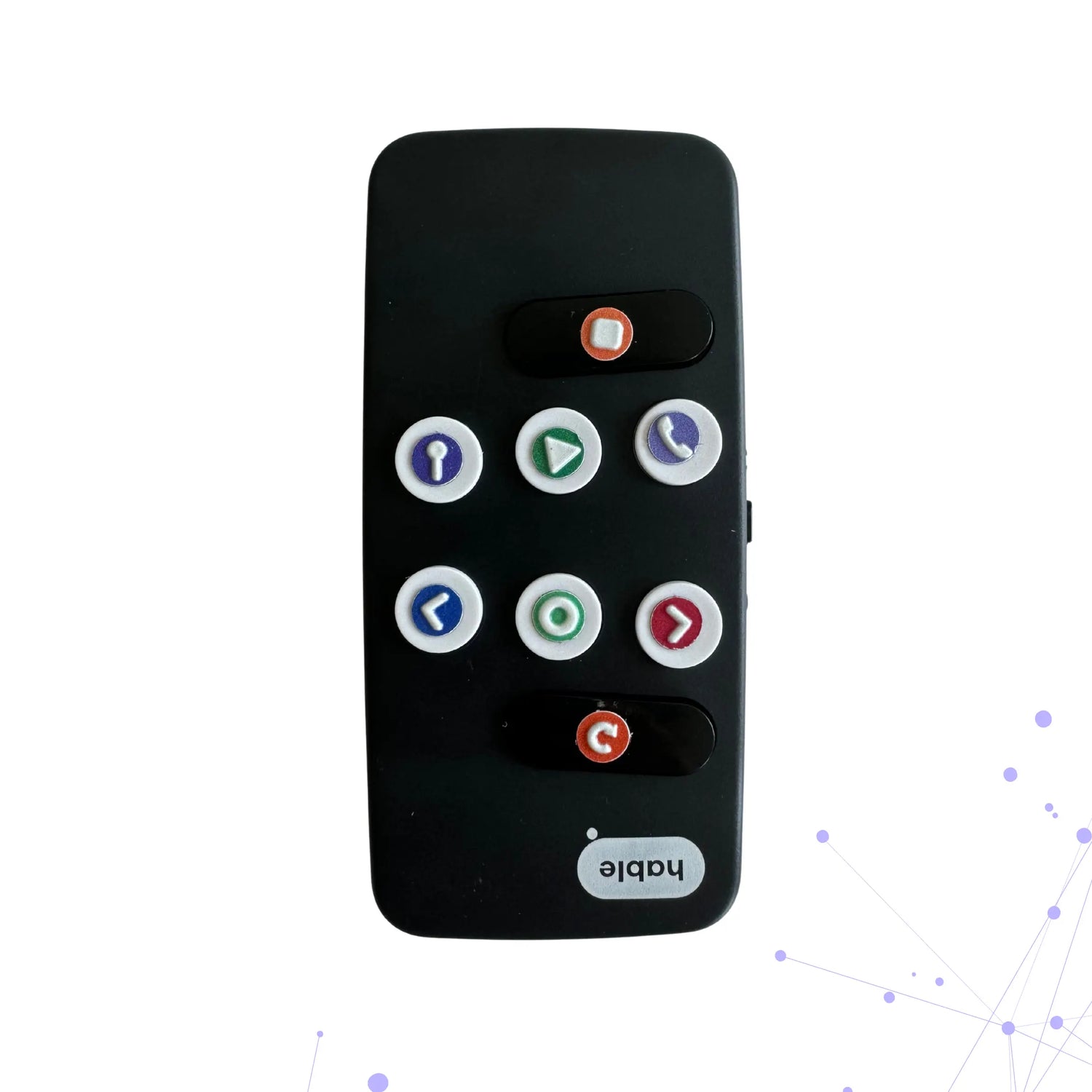 A black Hable Easy device with eight buttons, each marked with a high-contrast tactile sticker in different colors and symbols, designed to help blind and visually impaired users easily identify button functions.