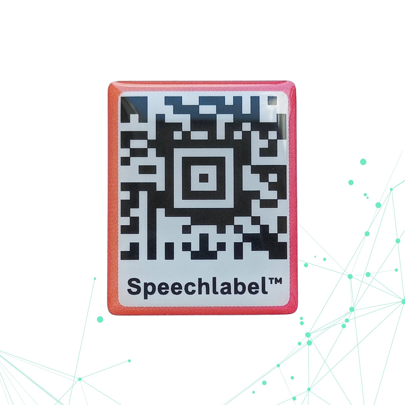 Image of a shiny, barcode (aztec) with an orange faded round and Speechlabel branding on it.