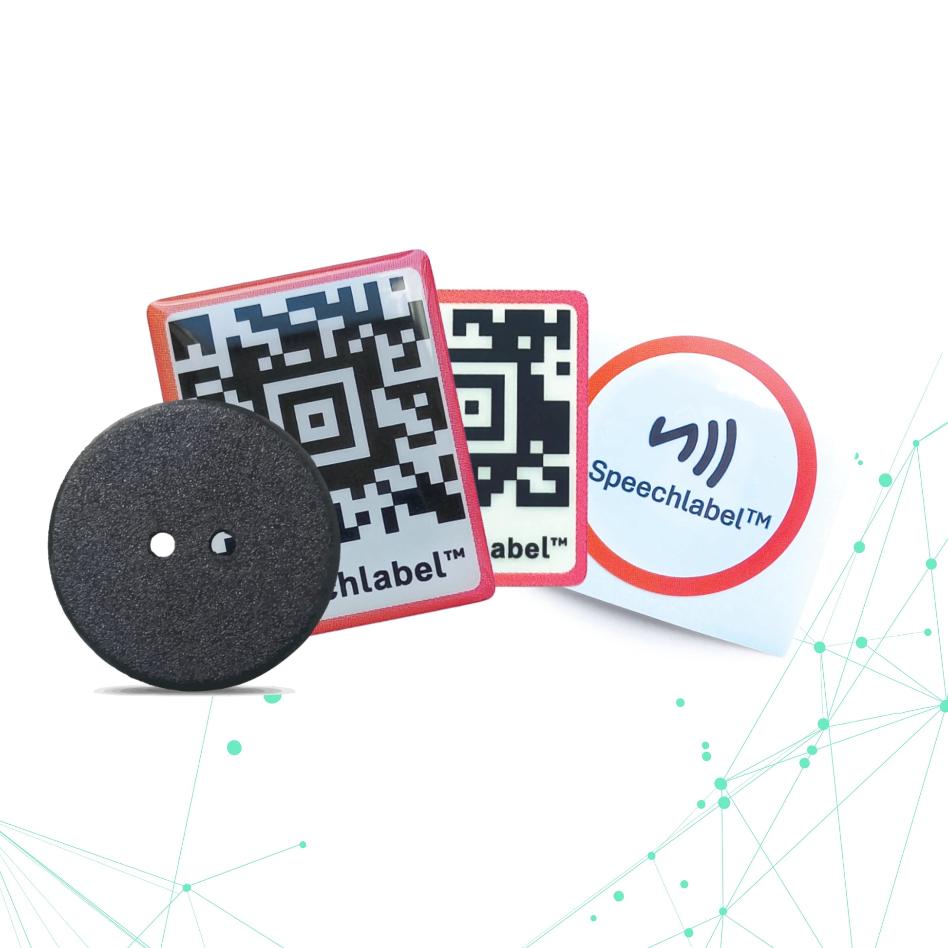 Round black object, rectangular cards with QR codes, and a circular card with 'Speechlabel' logo on a white background.