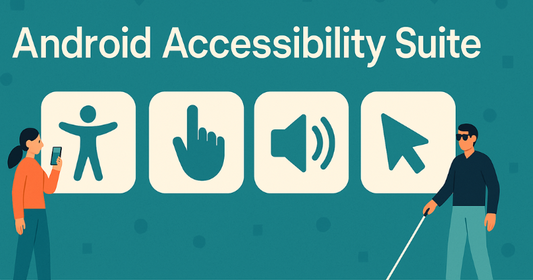 Illustration showing Android Accessibility Suite icons with a woman using a smartphone and a blind man using a white cane.