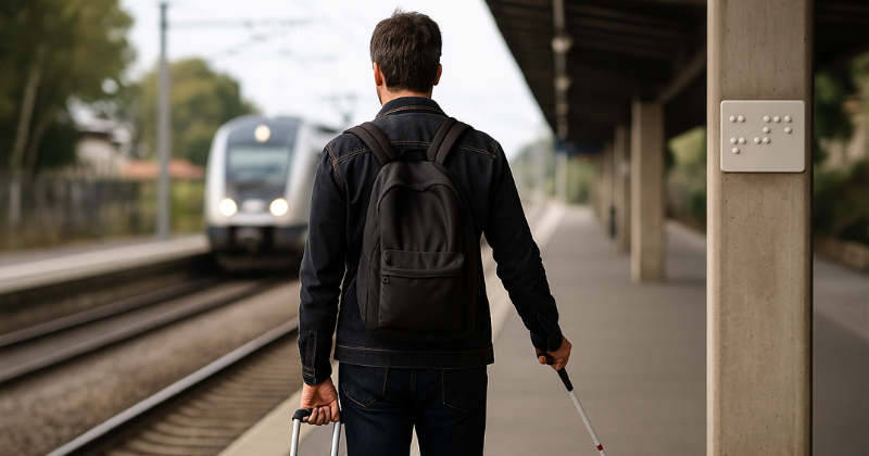 Blind traveler with a cane and suitcase waiting confidently for a train on the platform.