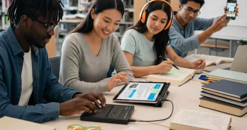 A diverse group of students in a library setting are utilizing various accessible reading methods, including a screen reader, headphones for audio, digital text on a tablet, and a student typing on a specialized keyboard.