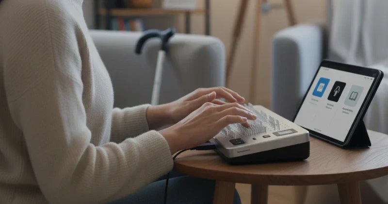 A person using a refreshable Braille display connected to a tablet with accessible reading apps open, sitting at a table in a cozy living room.