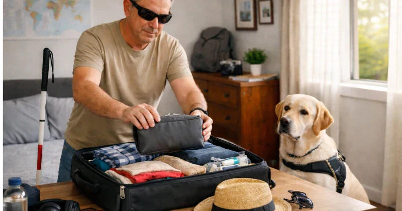 A man with visual impairment packs a suitcase on a wooden table. Beside him, a yellow Labrador guide dog in a harness sits and watches him. A white cane leans against a bed in the background.