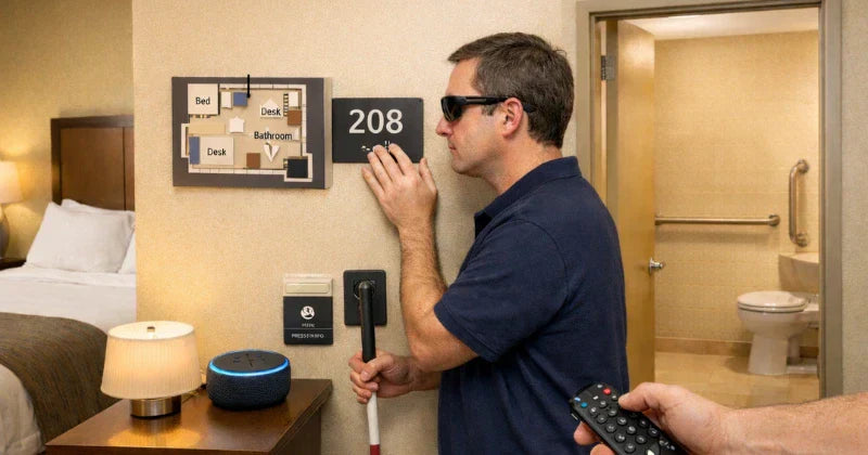 A blind man stands inside a hotel room, using a white cane and touching a raised room number sign on the wall. A bedside table with a lamp and a smart speaker is nearby, and an accessible bathroom with grab bars is visible through an open door.