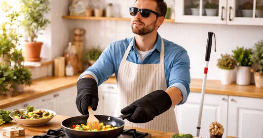 Blind man wearing sunglasses and heat-resistant gloves cooks vegetables in a frying pan on a stovetop in a bright kitchen. Fresh ingredients are laid out on the counter, and a white cane stands nearby.