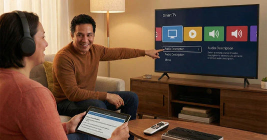 A man points at a Smart TV menu showing "Audio Description" while a woman next to him, wearing headphones, looks at a tablet displaying a document, with a braille display device on the table nearby.