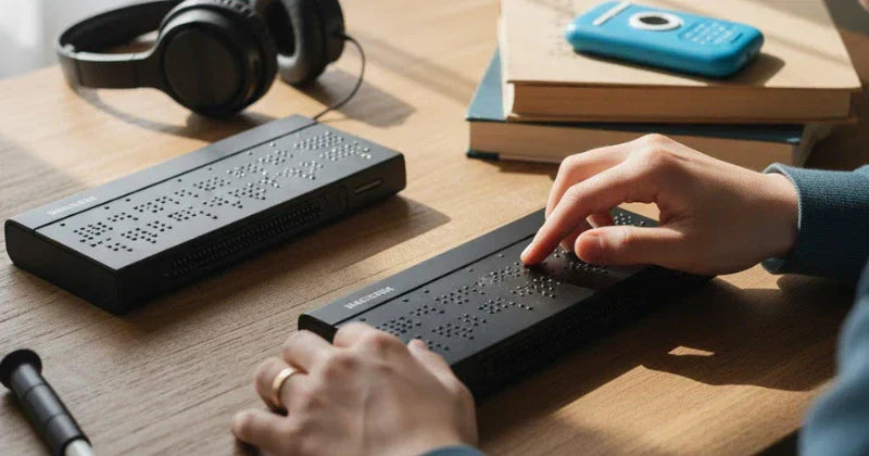 PErson with a braille display in front of him reading a Braille line, he is a visually impaired person reading through assistive technology. 