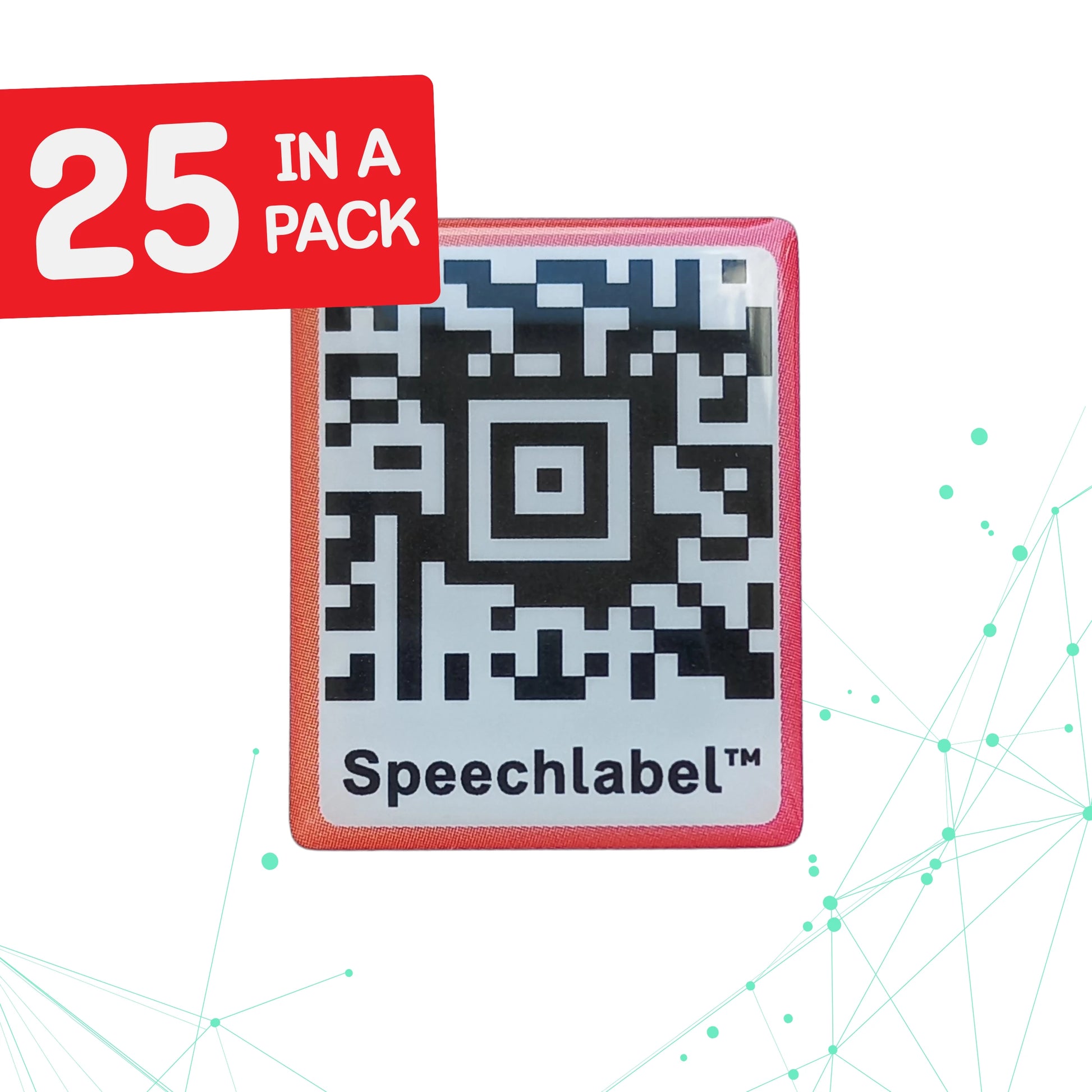 Speechlabel QR code label with '25 in a pack' text on a white background