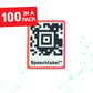 Speechlabel QR code label with '100 in a pack' text on a white background