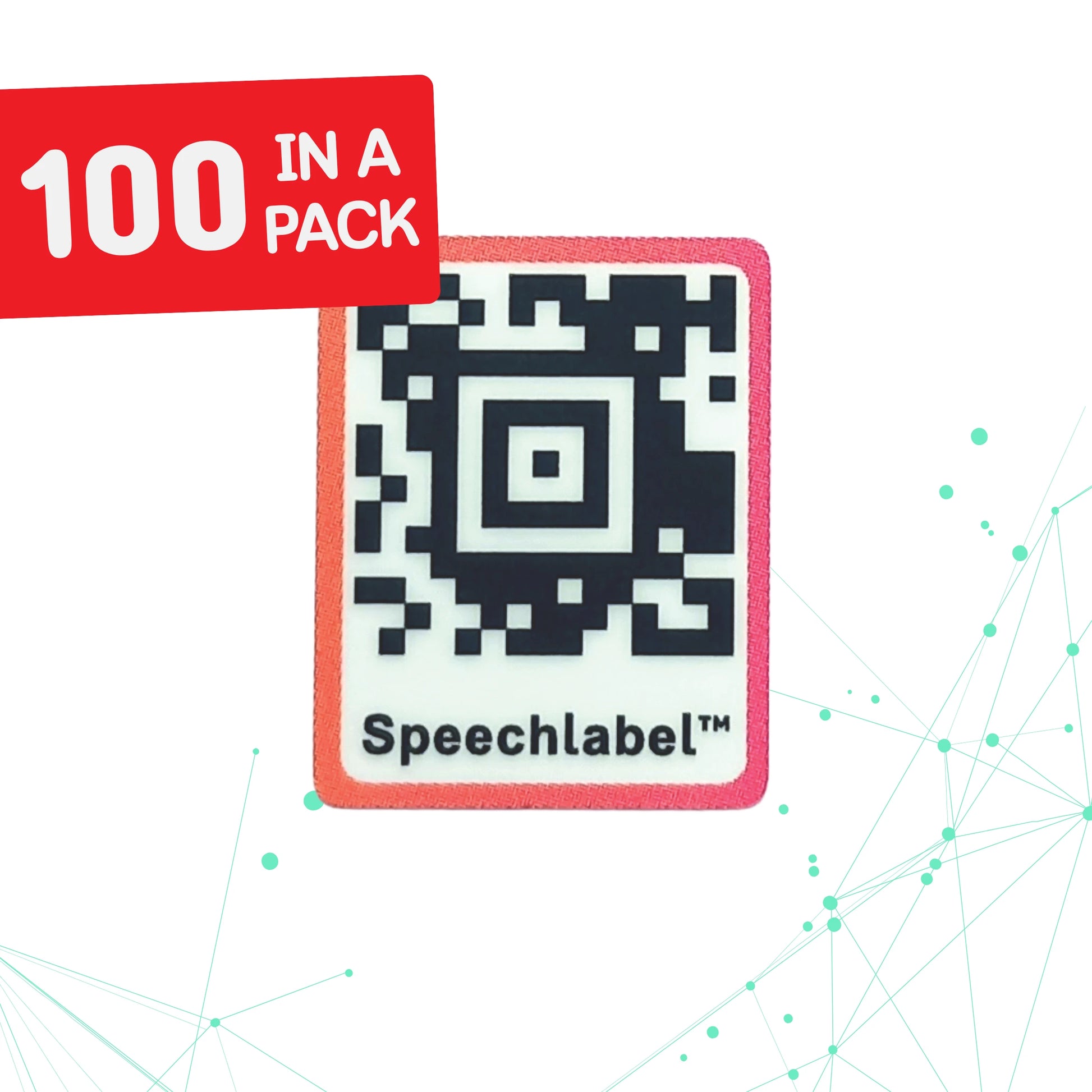Speechlabel QR code label with '100 in a pack' text on a white background