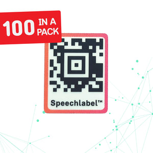 Speechlabel QR code label with '100 in a pack' text on a white background