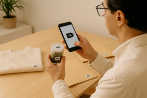 A visually impaired person uses a smartphone to scan an NFC-labeled jar of herbs. On the table are other labeled items, including a folded sweater and file folders. The phone screen displays the SpeechLabel logo, and the scene is set in a clean, well-lit room with a minimal, organized layout.