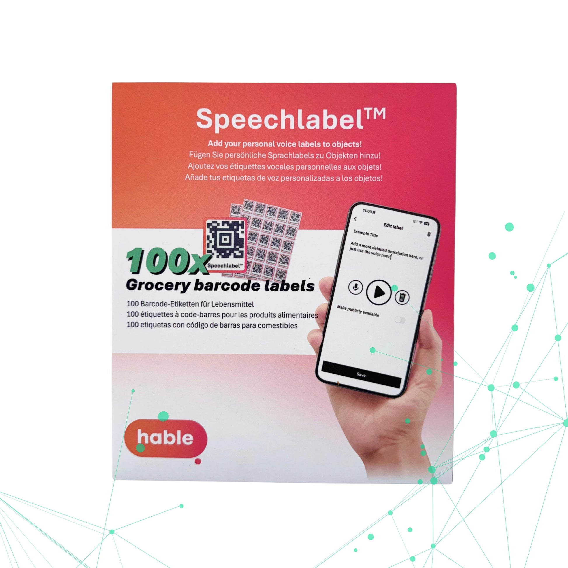 The product packaging for Speechlabel™ by hable, designed to add voice labels to objects. The packaging features an orange and white gradient and advertises "100x Grocery barcode labels," which have QR codes on it. A central image displays a hand holding a smartphone with the Speechlabel app open, demonstrating how to record a personalized audio description for a tag. The packaging's main tagline reads, "Add your personal voice labels to objects!" The hable logo is in the bottom left corner. 