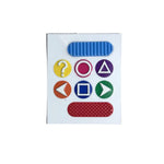 Tactile sticker set shown on an unused sheet. Features 8 textured, high-contrast shape and symbol stickers. Device not included; stickers only.