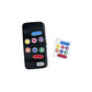 A black Hable Easy handheld controller shown with tactile stickers applied to its buttons, positioned next to an unpeeled sticker sheet. The set includes eight high-contrast, raised tactile stickers: a blue oval with vertical ridges at the top, a red oval with a textured bumpy grid at the bottom, and six circular button stickers with raised white icons in the center (yellow question mark, pink circle, purple triangle, orange left arrow, blue square, and green right arrow). Note: Includes stickers only; Habl