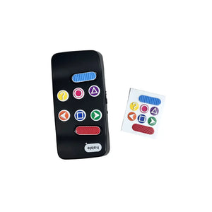 A black Hable Easy handheld controller shown with tactile stickers applied to its buttons, positioned next to an unpeeled sticker sheet. The set includes eight high-contrast, raised tactile stickers: a blue oval with vertical ridges at the top, a red oval with a textured bumpy grid at the bottom, and six circular button stickers with raised white icons in the center (yellow question mark, pink circle, purple triangle, orange left arrow, blue square, and green right arrow). Note: Includes stickers only; Habl