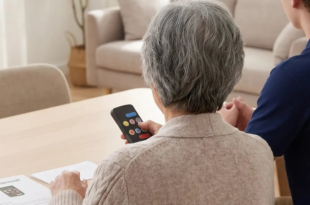 Two people sitting at a table with a the Hable EAsy remote control, in a home setting.