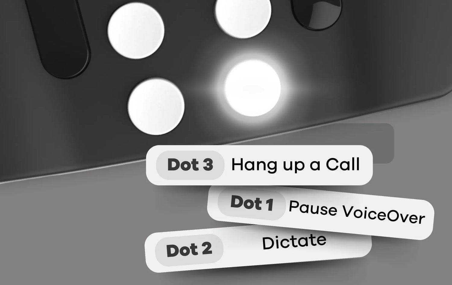 The image shows a close-up of the Hable One device, focusing on three of its Braille buttons. Next to each button, there are labels indicating specific actions: "Dot 3" is labeled with "Hang up a Call," "Dot 1" with "Pause VoiceOver," and "Dot 2" with "Dictate." The buttons are white and circular, and the labels show shortcuts for blind and visually impaired users to efficiently control their phones using the Hable One device.