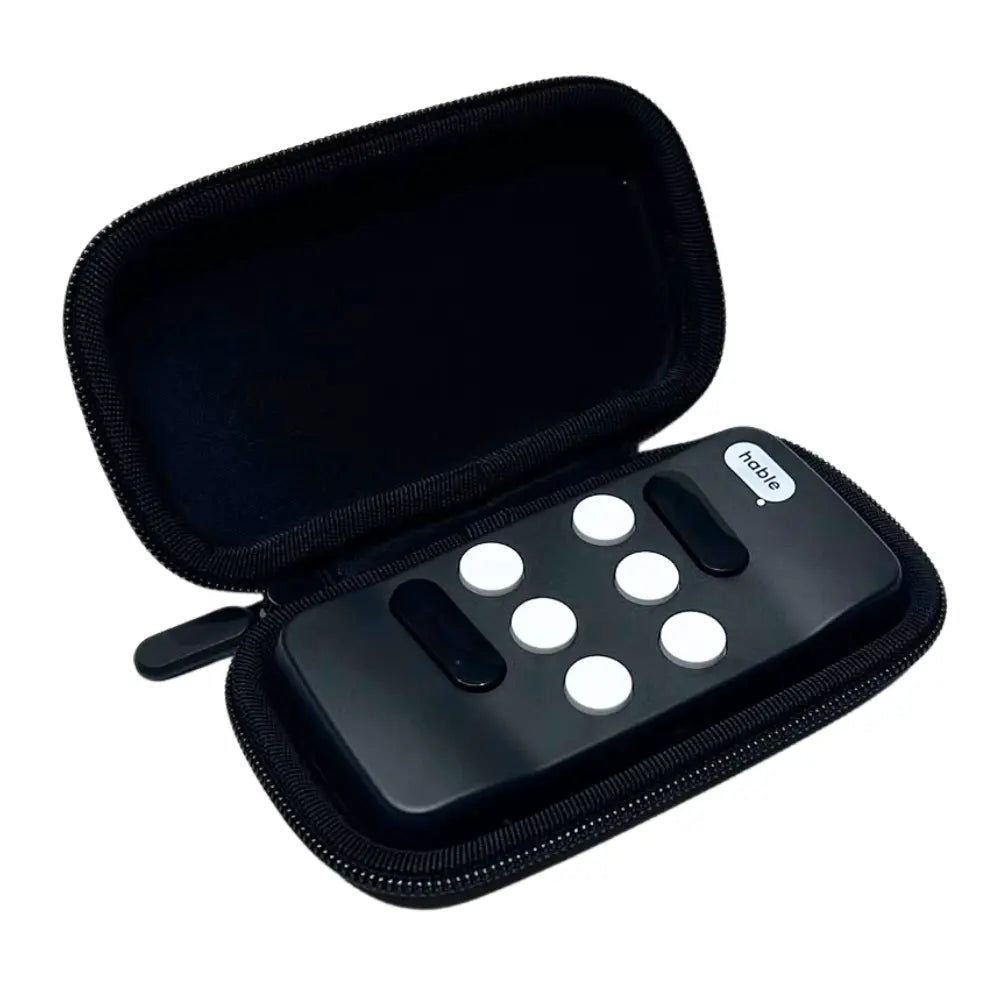 Open black clamshell carry case lying flat with a Hable device resting snugly inside the lower compartment to show fit. Hable device shown for illustration only and is not included.