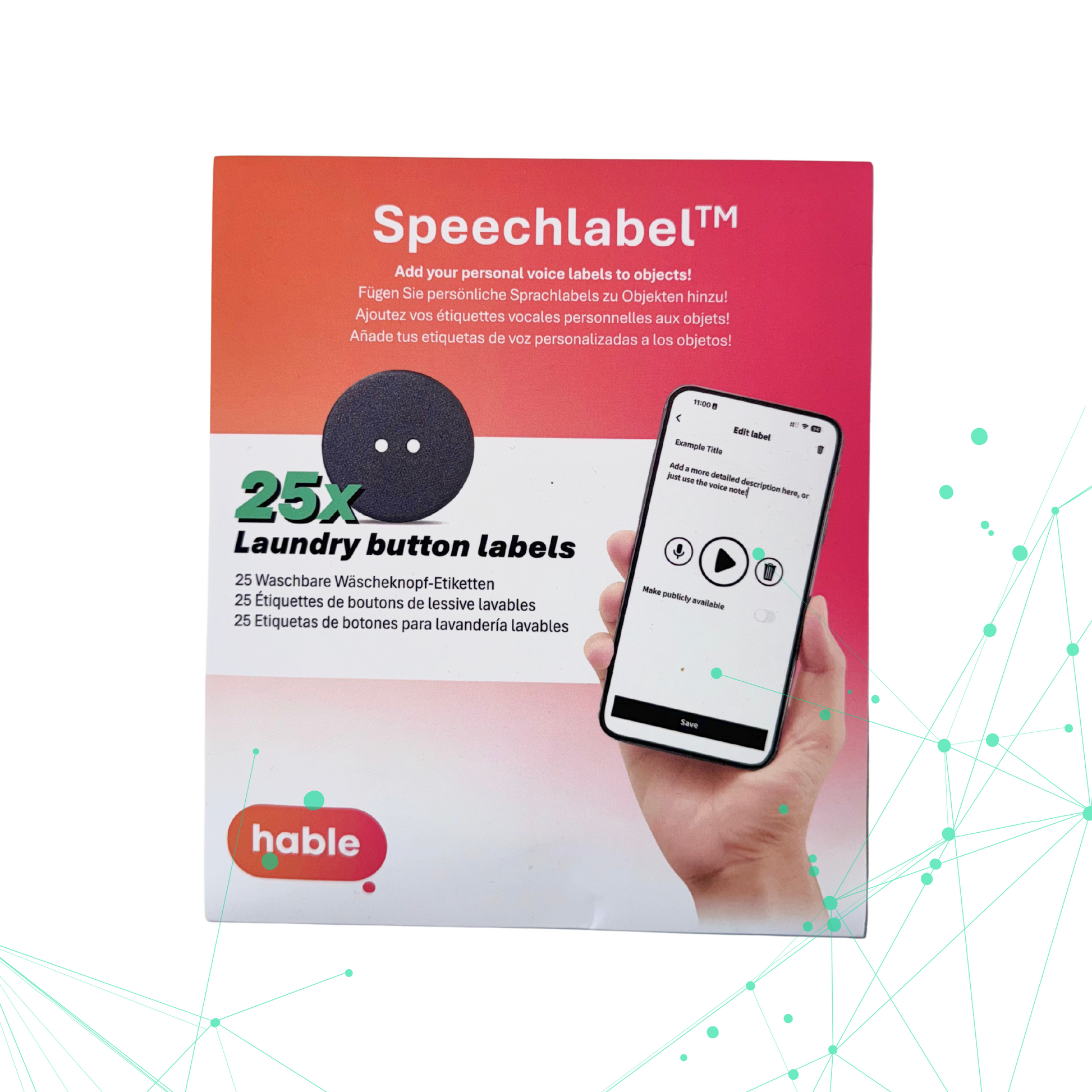 The product packaging for Speechlabel™ Laundry button labels by hable. The box features an orange and white gradient and advertises "25x Laundry button labels," which are NFC audio tags, that can be sewn into clothes. A central image displays a hand holding a smartphone with the Speechlabel app open, demonstrating how to record a personalized audio description for a button. The main tagline reads, "Add your personal voice labels to objects!" The hable logo is in the bottom left corner.