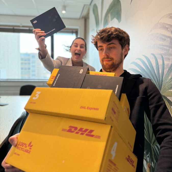 Freek holding some shipping boxes to send to our resellers