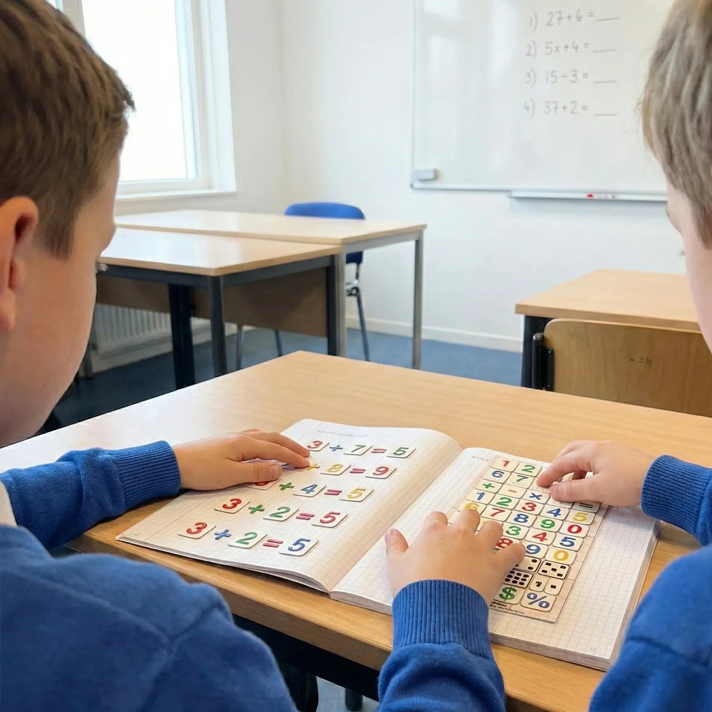 A photograph shows two boys working together on math exercises at a wooden desk in a bright classroom. The boy in the foreground, seen from the back, has placed several tactile number and symbol stickers from the 'Hable Stactiles - Numbers' sheet into his open notebook, creating equations like "3 + 2 = 5". The boy next to him is touching the full tactile sticker sheet. Another student and a whiteboard with math problems are in the background.