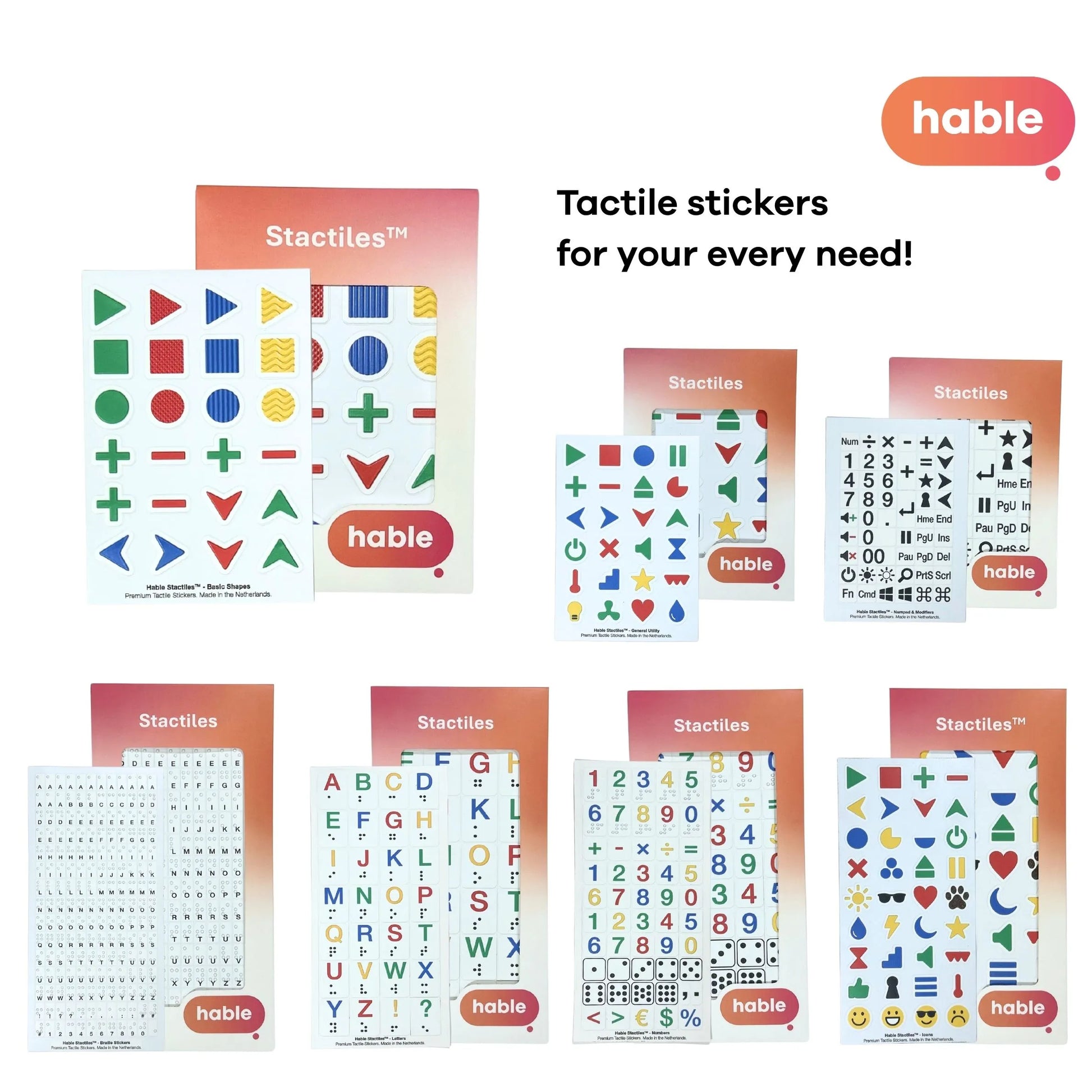 A marketing collage titled "Tactile stickers for your every need!" featuring the Hable logo. The "Basic Shapes" pack is highlighted in the top-left, shown alongside the full ecosystem of Stactiles products including the Braille Alphabet, Numbers, Emojis, and Keyboard shortcuts.