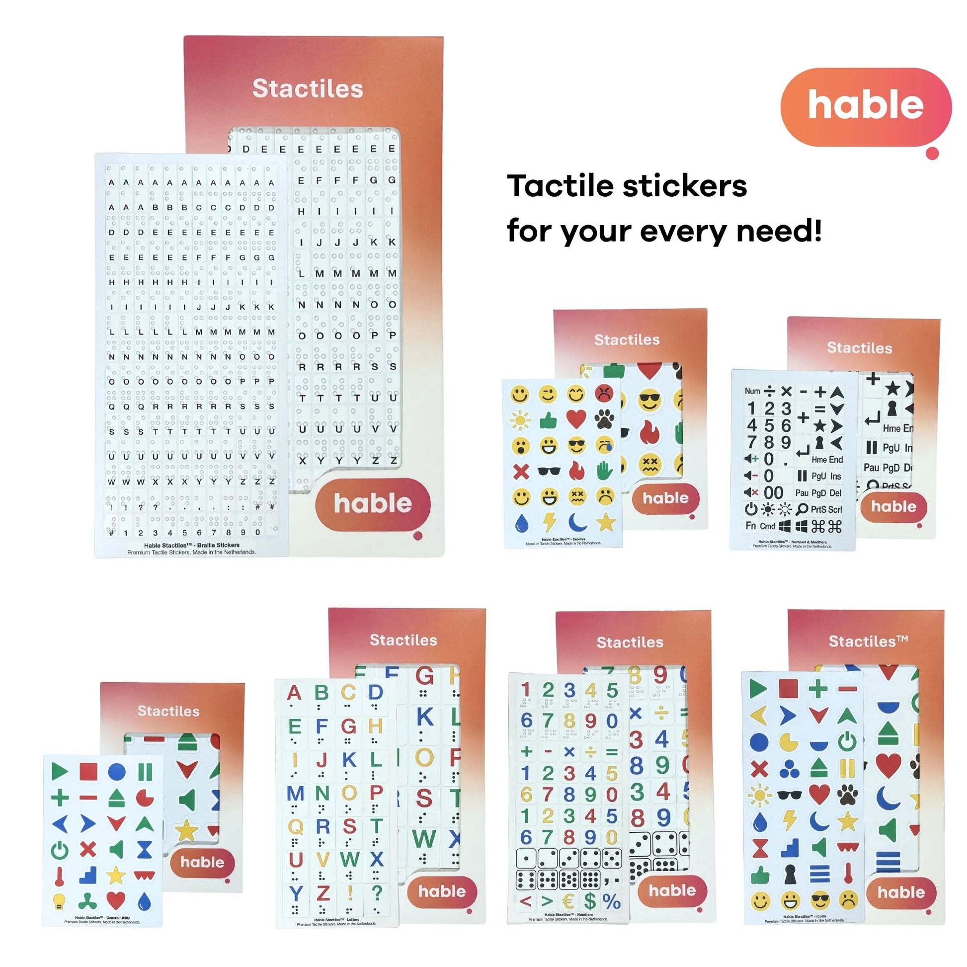 A marketing collage showcasing the entire Hable Stactiles collection. The main focus is the 180-count Braille sticker sheet, surrounded by other specialized sets: Icons, Emojis, Computer Keyboard shortcuts, larger Alphabet letters, and Numbers. The Hable logo is in the top-right with the headline "Tactile stickers for your every need!"