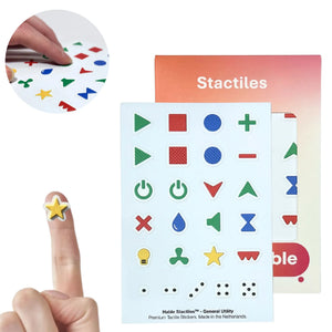 A composite image showcasing the Stactiles General Utility set. A circular inset shows fingers exploring a sheet of colorful raised stickers. In the bottom-left, a small yellow star sticker is shown on a fingertip for size reference. The main image features a sheet of 25 stickers, including functional icons like power buttons, volume/speakers, water drops, lightbulbs, and hourglasses, as well as dice-style dot patterns (1–5) and basic geometric shapes. The Hable packaging is displayed on the right.