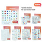 A marketing collage with the headline "Tactile stickers for your every need!" and the Hable logo. The General Utility pack is featured in the top-left, surrounded by the rest of the Stactiles lineup, including the Numpad, Braille Alphabet, Numbers, Icons, and Emoji sets, showcasing a complete tactile labeling ecosystem.