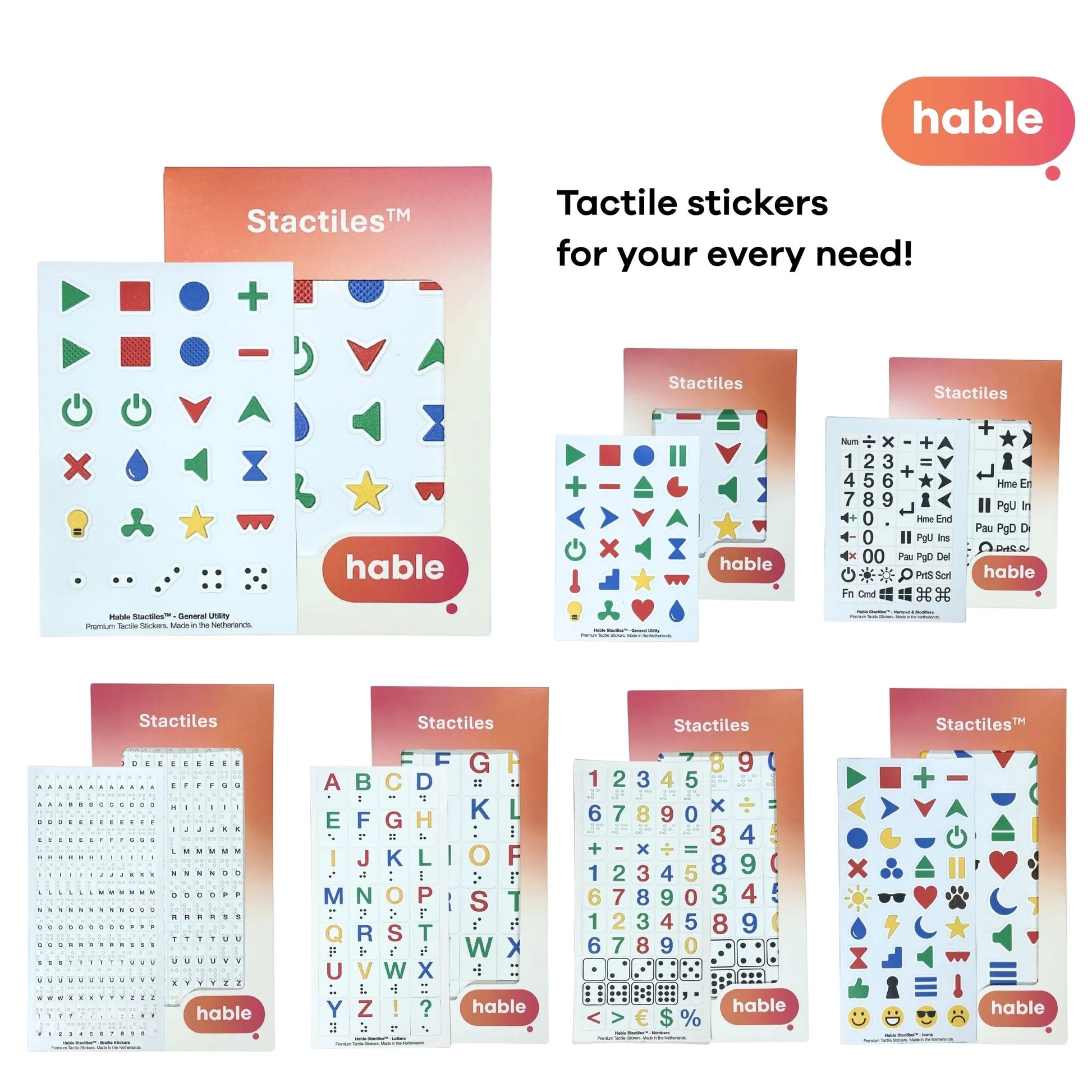 A marketing collage with the headline "Tactile stickers for your every need!" and the Hable logo. The General Utility pack is featured in the top-left, surrounded by the rest of the Stactiles lineup, including the Numpad, Braille Alphabet, Numbers, Icons, and Emoji sets, showcasing a complete tactile labeling ecosystem.