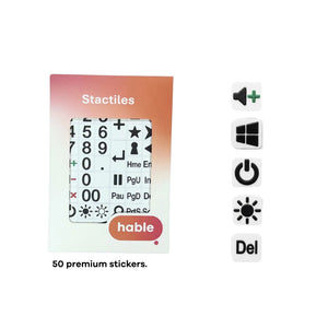 The Hable Stactiles packaging for the Numpad set is shown next to five individual sample stickers arranged vertically: a volume-up speaker icon, a Windows logo, a power symbol, a brightness icon, and the text "Del". Text at the bottom of the image states: "50 premium stickers."