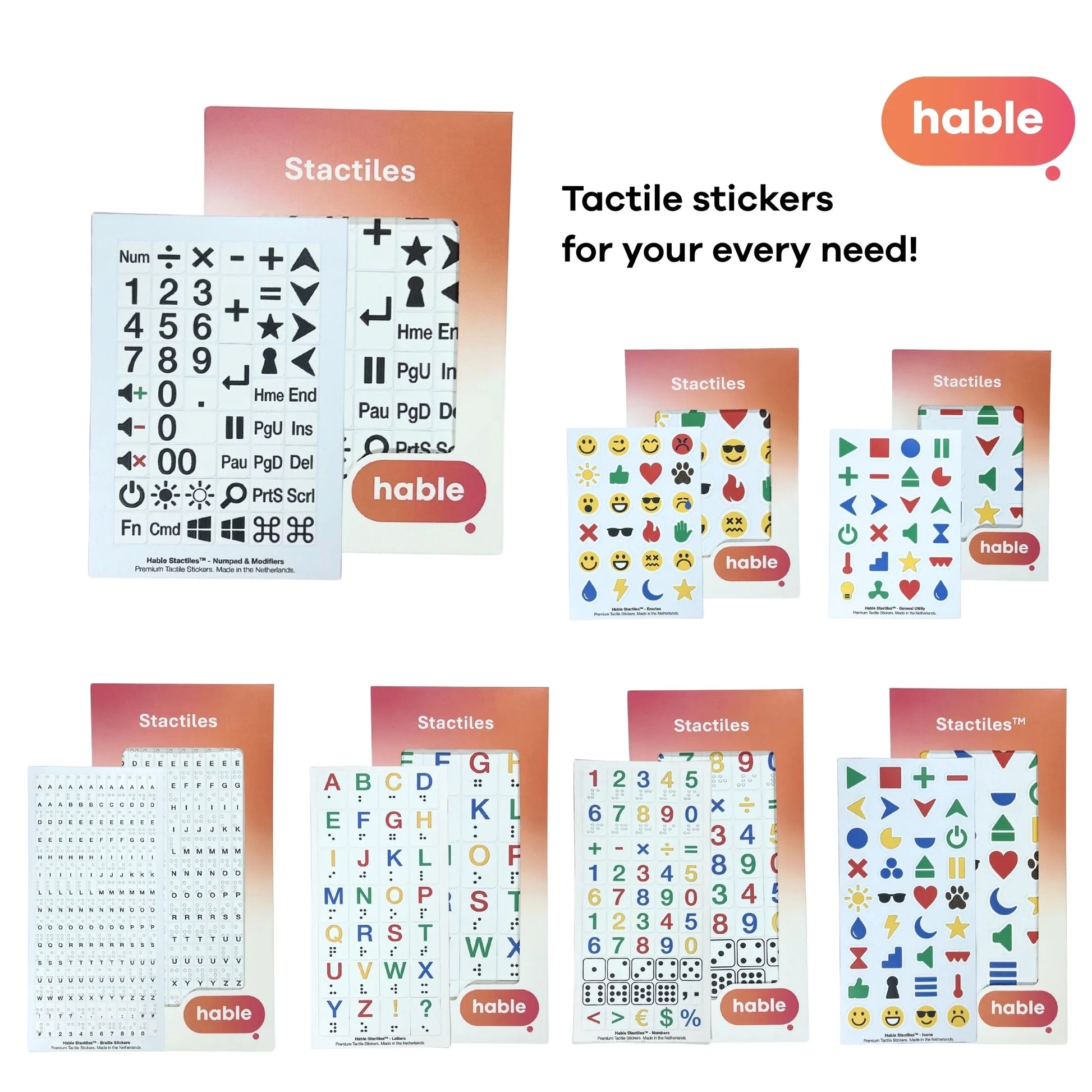 A marketing collage with the headline "Tactile stickers for your every need!" featuring the Hable logo. The Numpad & Modifiers sheet is highlighted in the top-left corner, surrounded by the other available sets in the Stactiles line, including Emojis, Braille Alphabet, Numbers, and various Utility Icons.