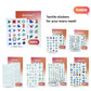 A marketing collage with the headline "Tactile stickers for your every need!" featuring the Hable logo. The Washing pack is highlighted in the top-left corner, surrounded by the full range of Stactiles products including the QWERTY keyboard set, Braille Alphabet, Numbers, and Emojis, showcasing a complete solution for home and office accessibility.